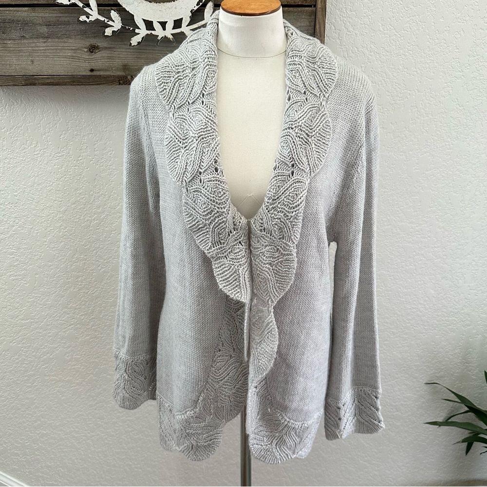 Sahalie grey crochet detail cardigan sweater‎ alpaca blend size Large